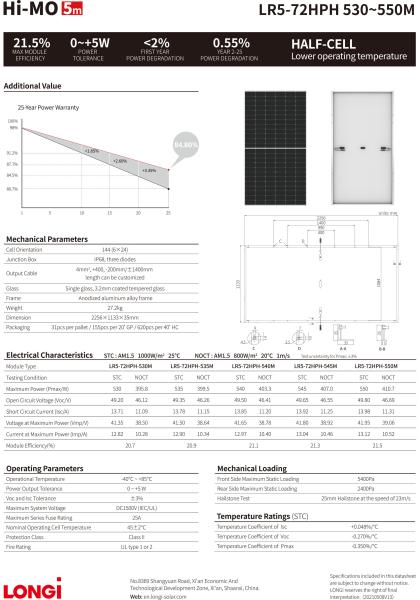 Longi Himo M10 182mm 530w 535w 540w 545w 550w Painéis solares Painel fotovoltaico