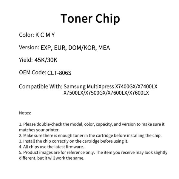 CLT-806S Compatible Toner Chip  For Samsung X7400 X7500 X7600 Color Cartridge