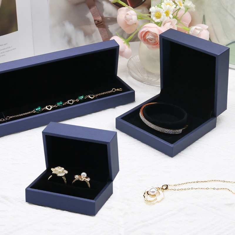 Luxury Double Ring Necklace Jewelry Box Set Elegant Blue PU Leather Material