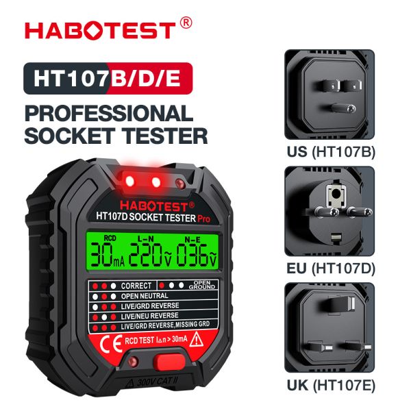 HT107 Socket Tester Pro Voltage Test RCD 5/30mA Socket Detector Ground Zero Line Plug Polarity Phase Check