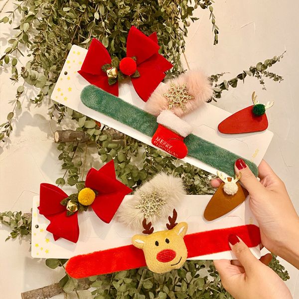 Christmas Slap Bracelets Kids Hair Bow Clips Barrettes Hairpin 43g With Santa Claus