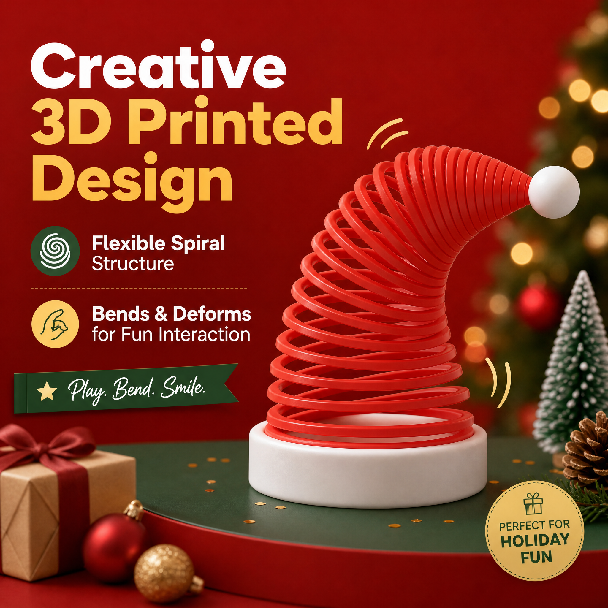 Bendable Spiral Christmas Hat Sculpture, PLA Made 3D Printed Home Decor for Holiday Party Decor