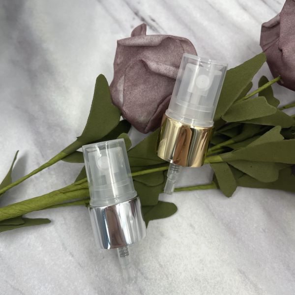 18/410 Fine Mist Sprayer Pump Silver Aluminum Closure 0.12ML SS316 Ribbed Skirt