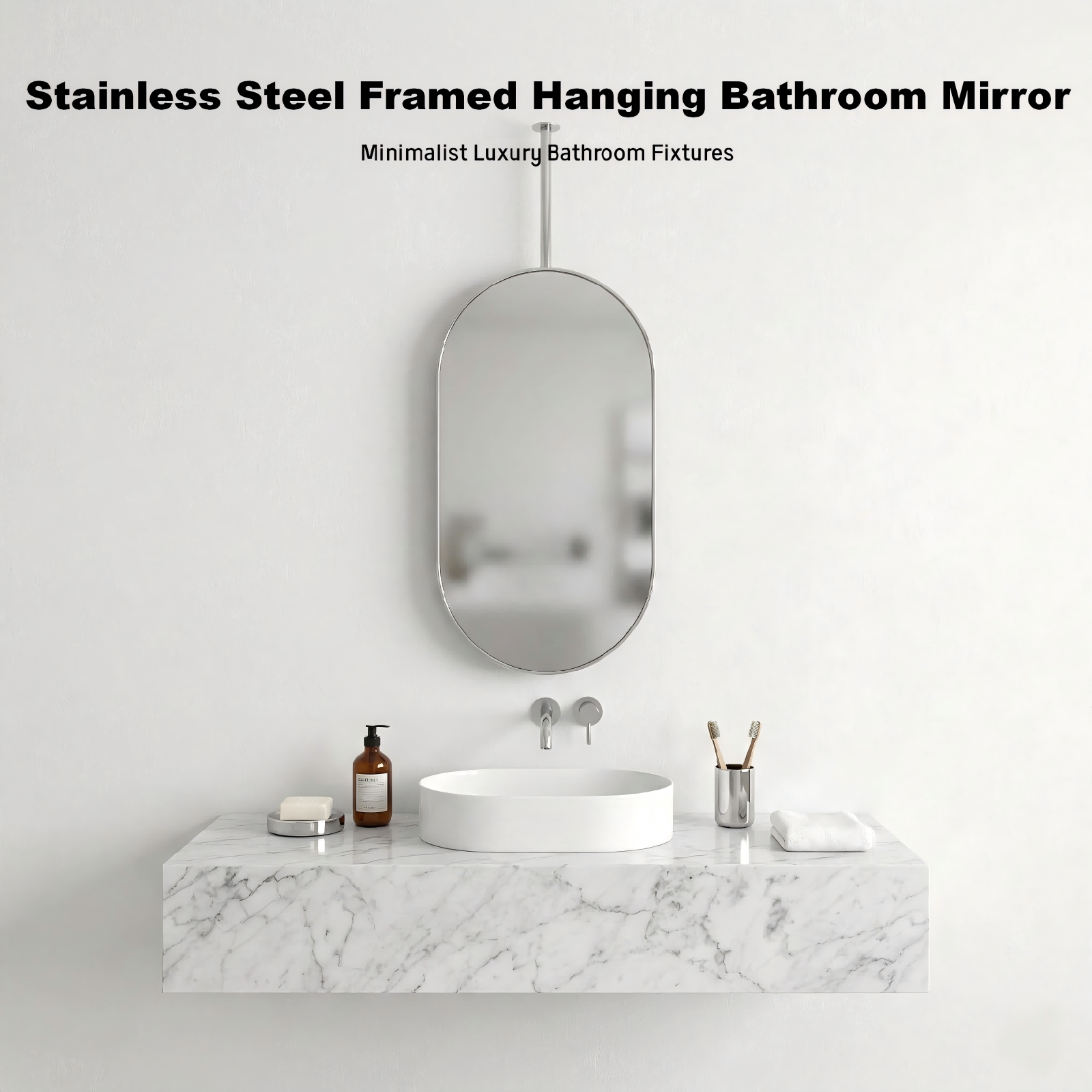 Kingstin Custom Stainless Steel Ceiling Mounted Oval Bathroom Mirror, Hanging Vanity Mirror for Hotel & Villa