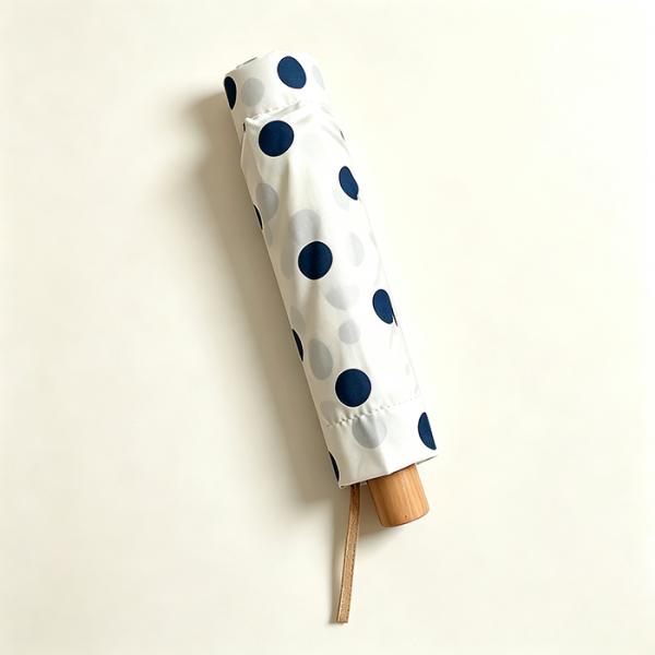 Lightweight Women's Polka Dot Travel Umbrella with Solid Wood Handle - Portable 3 Fold Parasol