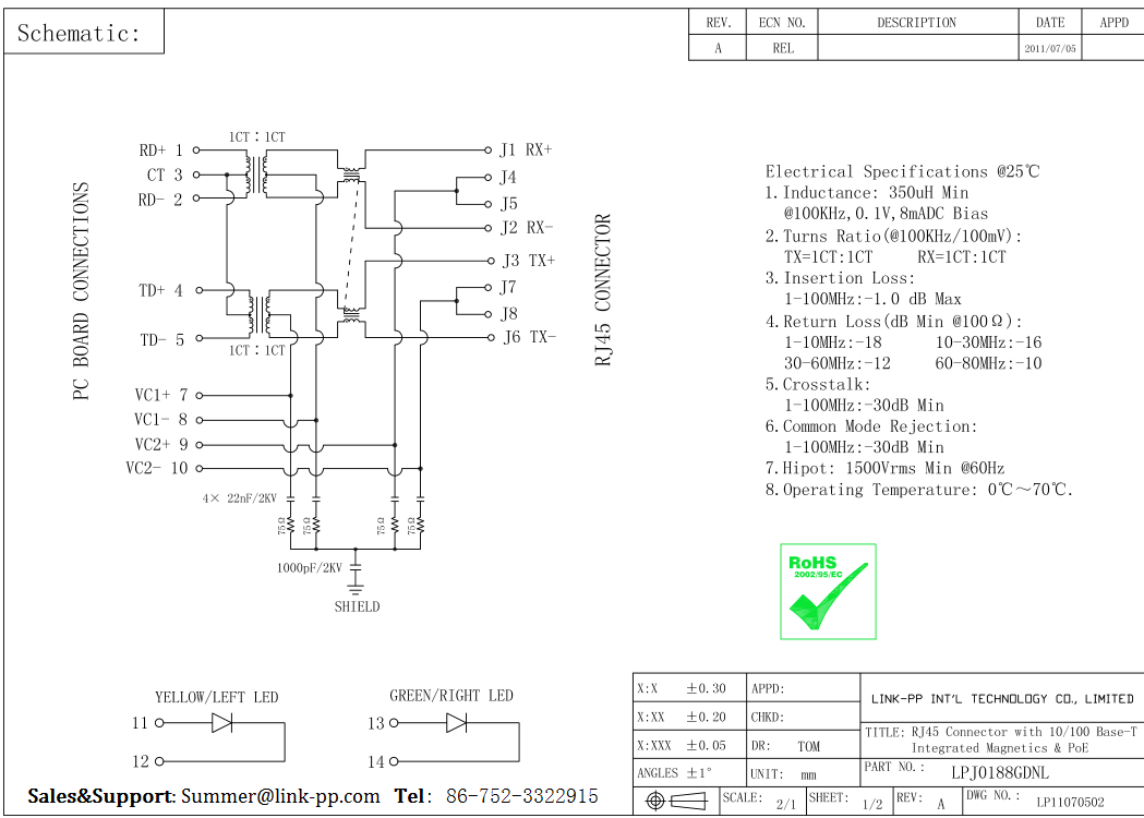 разбиватель аудио 10/100BaseT LAN-Übertrager 7499211122A POE WE-RJ45 LPJ0188GDNL
