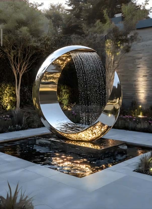 Contemporary 316L Stainless Steel Mirror Polished Abstract Metal Fountain Sculpture for Garden and Outdoor Decor