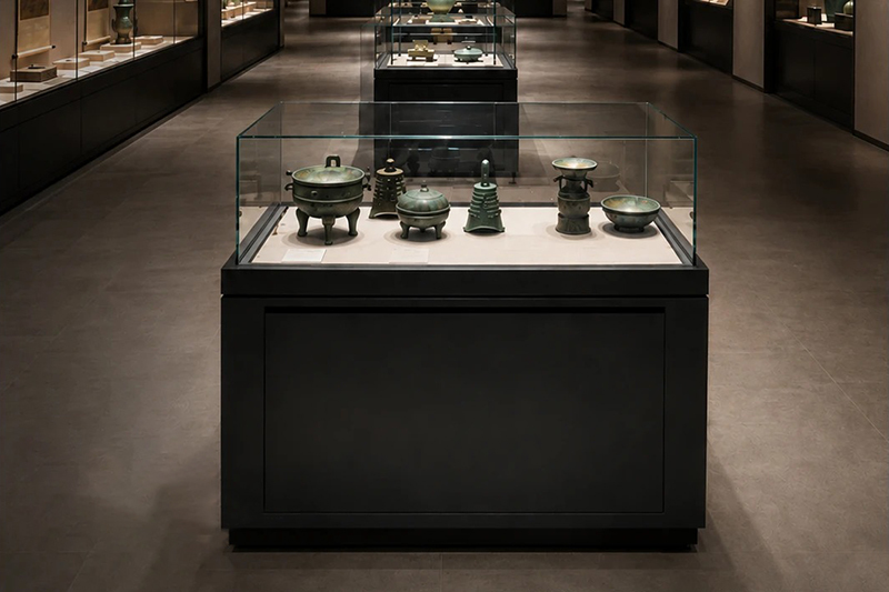 Anti-Glare Four-Sided Glass Museum Exhibit Cabinet With Adjustable Riser Blocks And Double-Door Storage Base