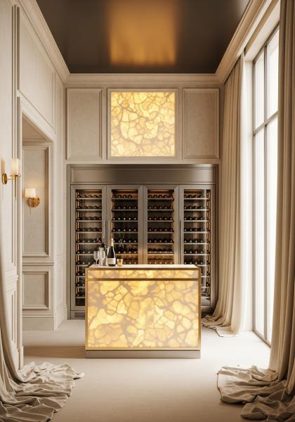 Golden Mirage Wine Vault in 304 Stainless Steel with Honey Onyx Accents