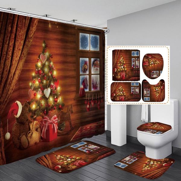Polyester Christmas Xmas Snowman Shower Curtains Set Home Bathroom Accessories