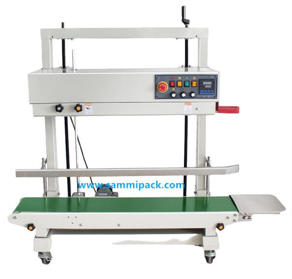 Electric Vertical Continuous Band Sealing Machine For Food / Beverage Plastic Bags Foil Film Pouch Packaging Machine