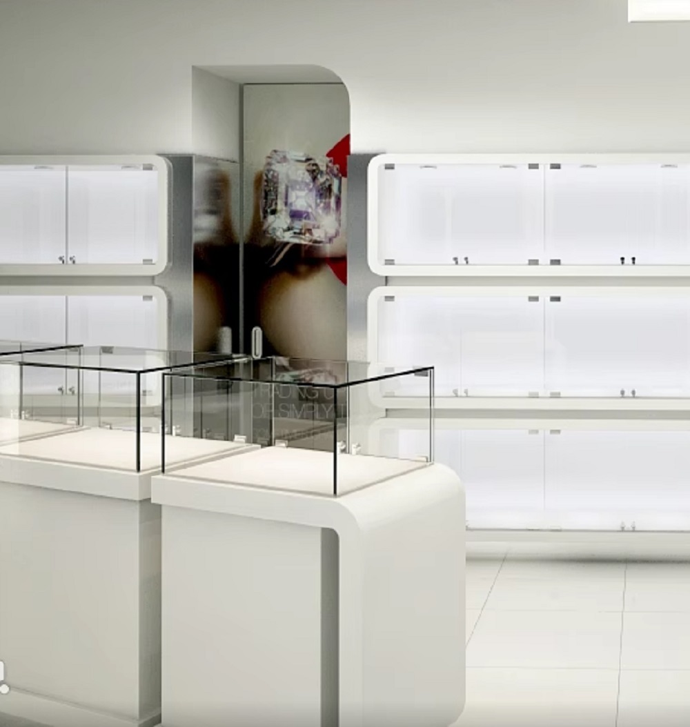 Minimalist Pure White Rounded Corner Jewelry Watch Display Cases High End Custom Glass Showcases White Metal Frame Retail Store