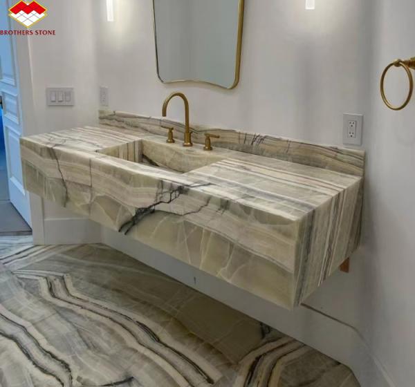 Hotel Bathroom Wall Panel and Vanity Basin with Sink Made of Natural Stone Onyx Marble