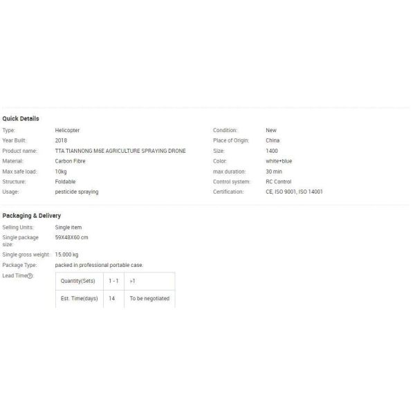 Tta 6 Axis Drones/Uav Remote Control Crop Uav Helicopter M6e ISO 14001 Certification