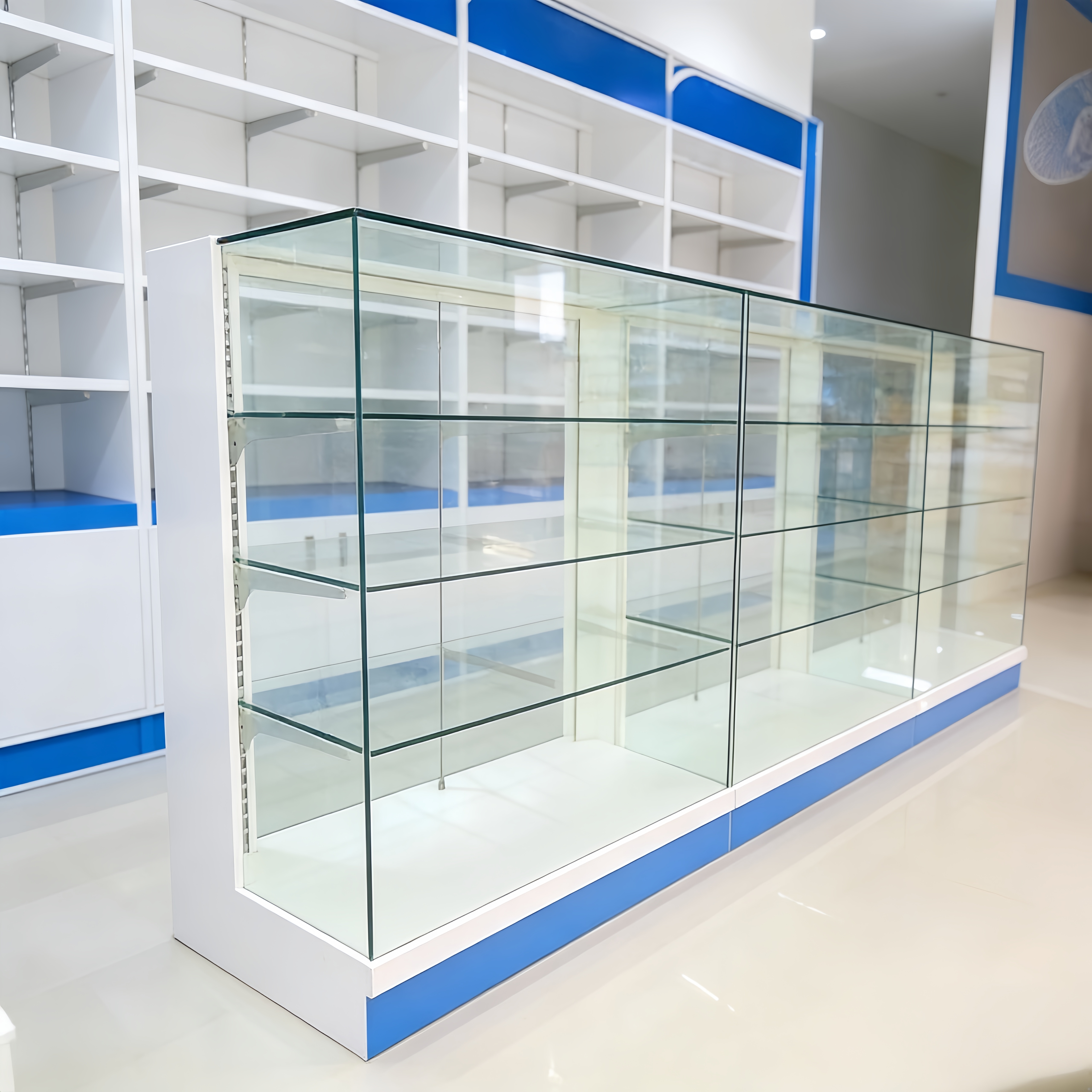 Pharmacy Retail Display Rack and Medical Wall Cabinet Solutions for Modern Drugstore Store Interior Design