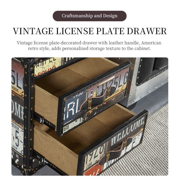 Nidea #313 Handcrafted Durable Multi-Purpose Vintage Wood Antique Home Furniture Living Room Cabinet Retro License Plate Design Featuring