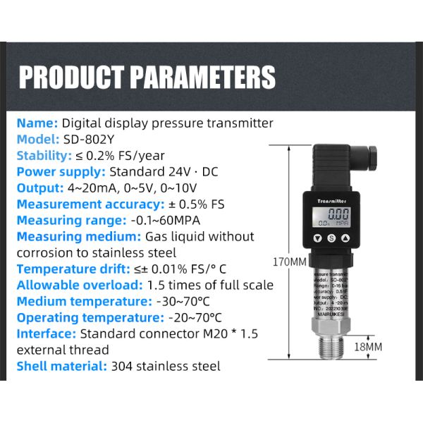 OEM Electronic Threaded Connection Pressure Sensor with 4-20mA Output and LCD Display