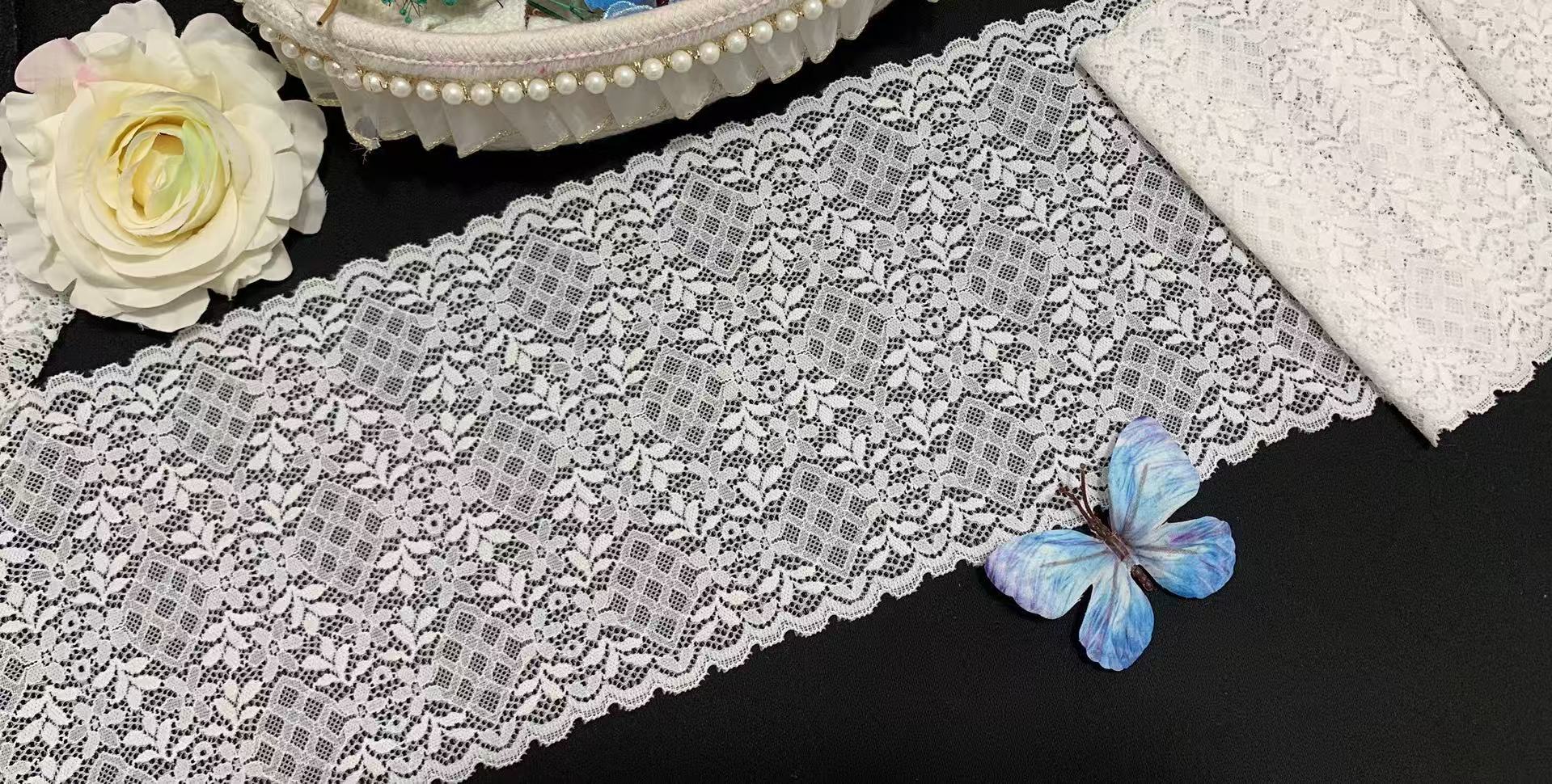 A1Z017# Elastic Nylon Spandex Lace Trim 18cm Wide Diamond Floral Stretch Lece for Lingerie Dress Underwear