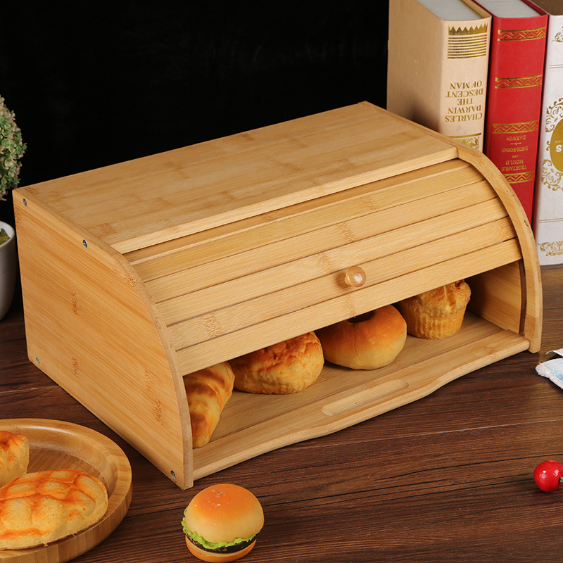 Bamboo Storage Box Rectangle-Shaped Rolling Shutter Door  Bread Snack Sundries Storage Bread Box for Kitchen Use