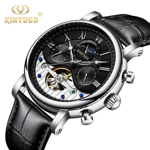 KINYUED New Silver Case Moon Phase Clock Movement Genuine Crocodile Watch Strap Water Resistant Watch