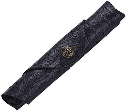 Vintage Handmade Leather Single Pen Case Holder Cowhide Fountain Pen Sleeve Roll Wrap Pen Pouch (Black Carved)