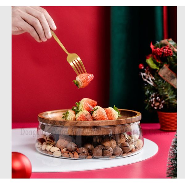 Cuenco de vidrio creativo con placa de madera de frutas secas de nuez cajas de almacenamiento contenedor bandeja de frutas con tapa de madera para la cocina de la casa oficina