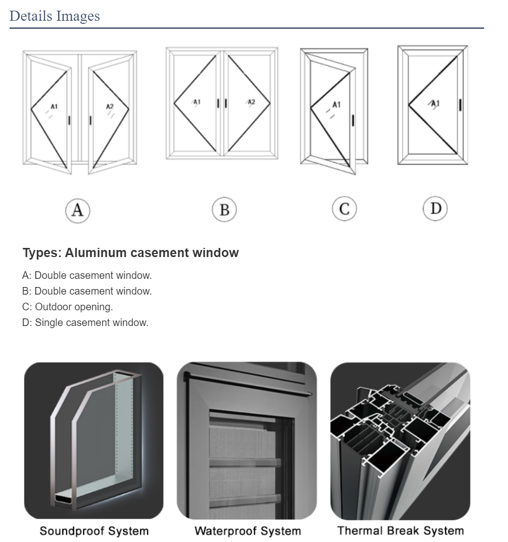 Gray UPVC Double Glass Aluminium Windows Casement PVDF Coated