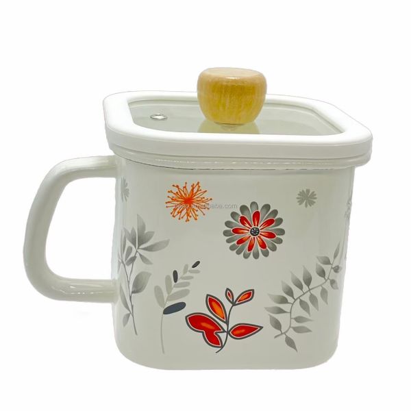 390g Iron Multi Color Square Enamel Noodle Pot Instant Noodle Cooking Pot Featuring Glass Lid Design