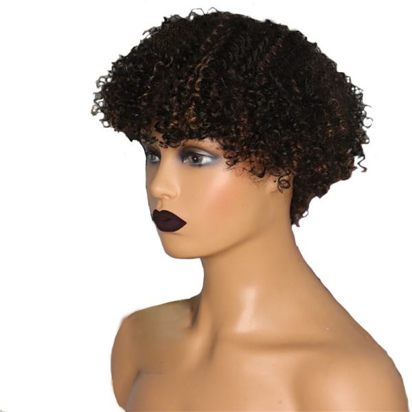 Light Brown Afro Curly Wig Cuticle Aligned Short Pixie Cut Human Hair Wigs with Bangs