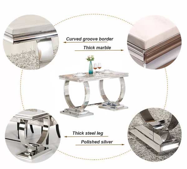 Table de salle à manger et chaises de luxe de marbre 6 tables de salle à manger d'acier inoxydable de restaurant de personnes