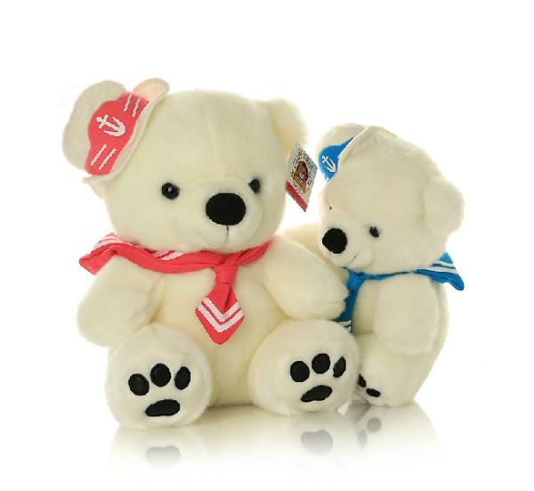 beautiful promotional customized soft stuffed plush animal toy with bib,hat,navy suit