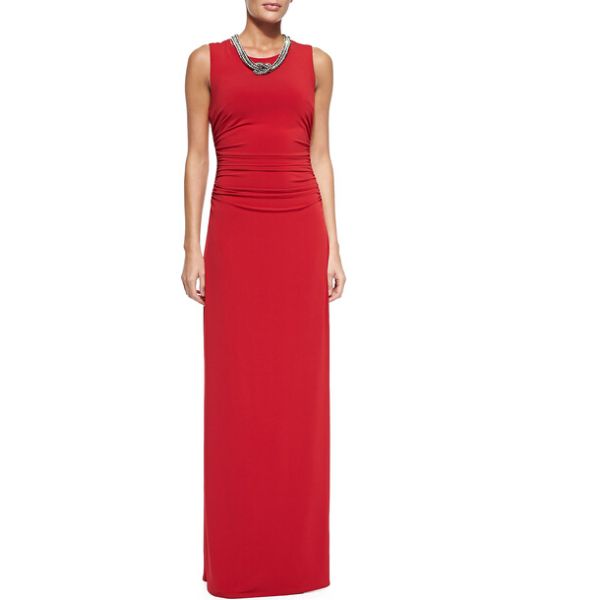 Floor Length Sleeveless Beaded-Neck Jersey Gown Evening Dress