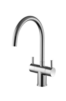 Tubos de cozinha modernos de duplo cabo de acabamento cromado de latão torneira de mistura de lavatório de cozinha