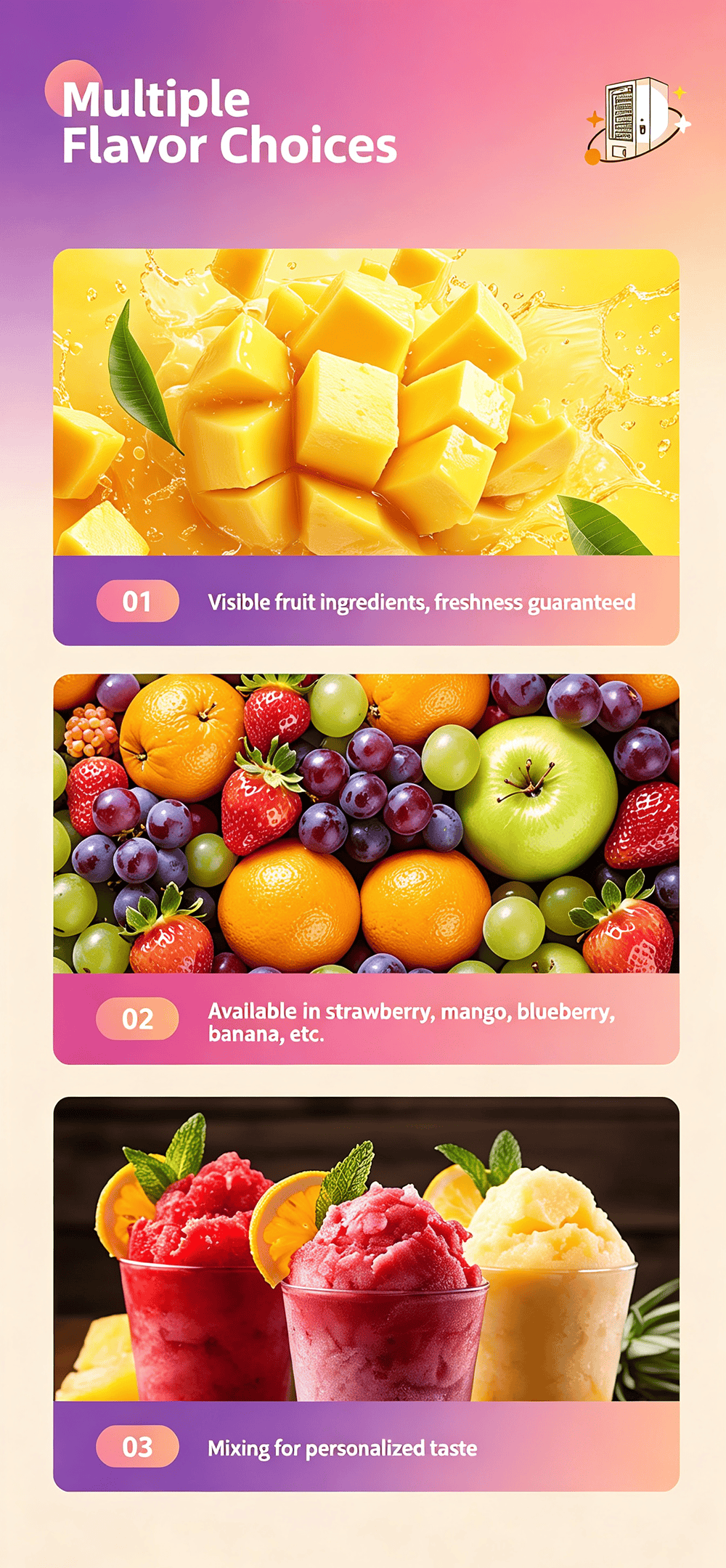 Commercial Fresh Smoothie Vending Machine with Refrigerated Storage, Automatic Cup Mixing System, Intelligent Elevator Pickup Platform, Remote Management for Operators and Distributors