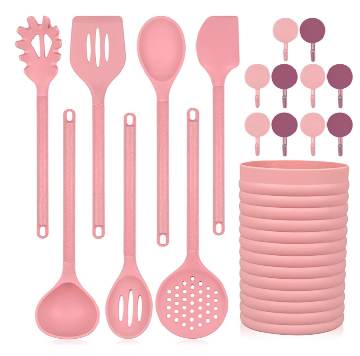 18-Piece Silicone Kitchen Cooking Utensil Set, With Wheat Straw Holder