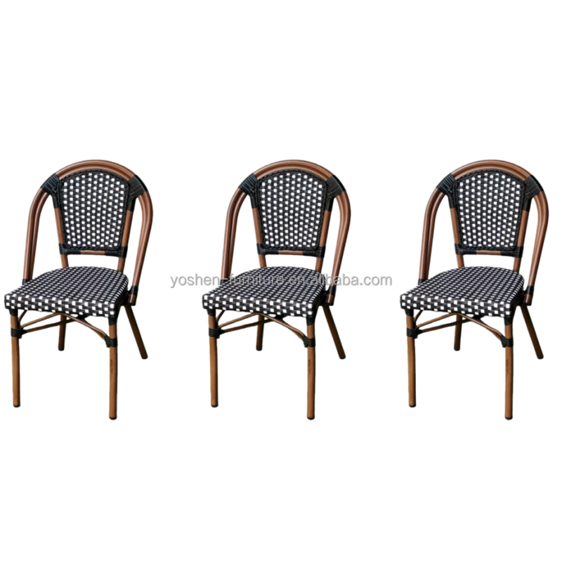 Commercial Use French Style Woven Rattan Chair Black White Checkered Patio Dining Chair for Cafe Restaurant Hotel