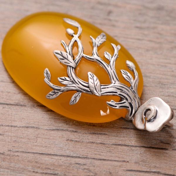 Women Fashion Three Leaves 925 Sterling Silver Synthetic Yellow Chalcedony Pendant Necklace(N808064)