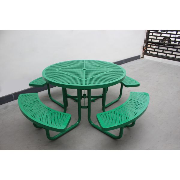 Коммерческий сад круглый пикник стол набор перфорированного стального материала с четырьмя скамейками