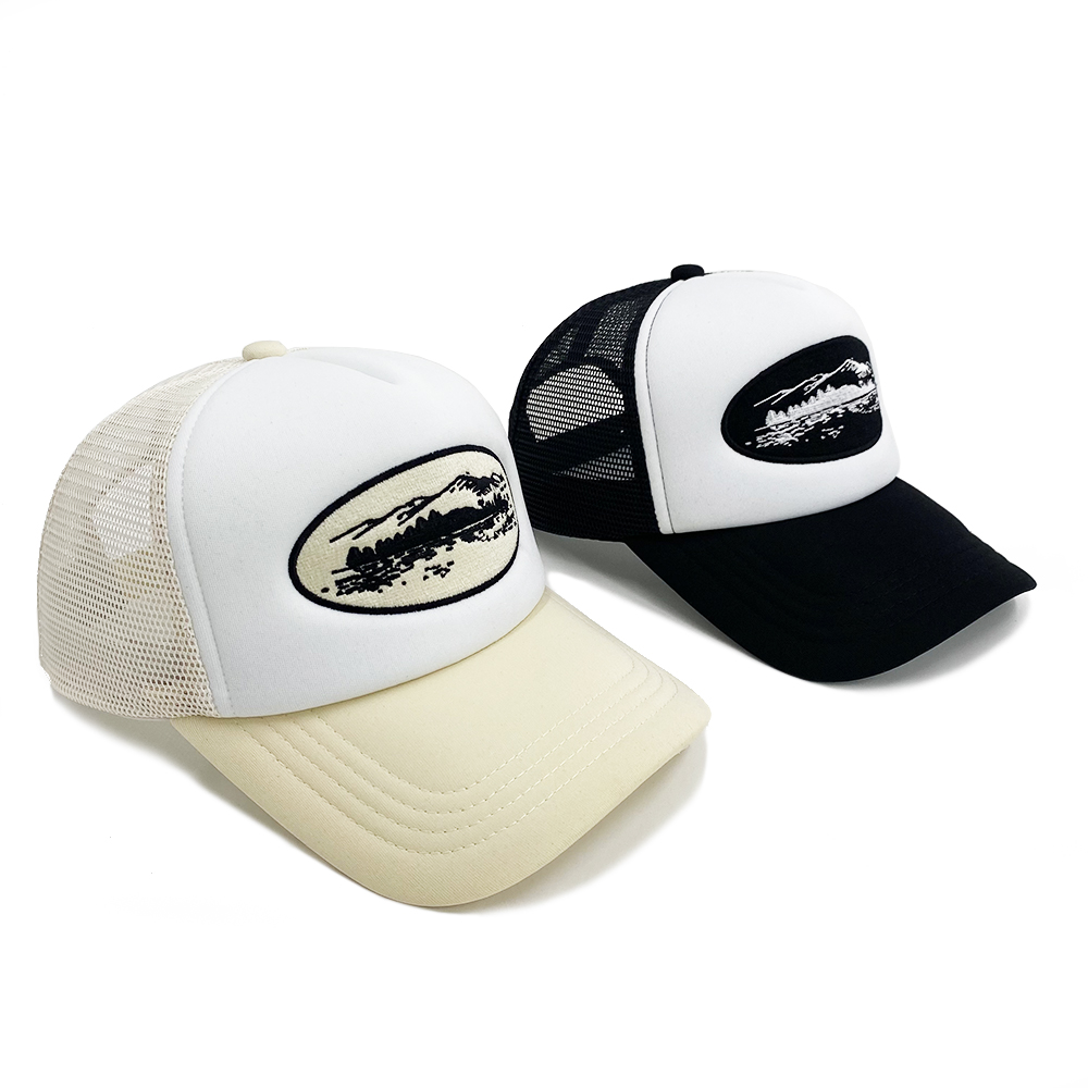 Different Tone Big Custom Embroidery Trucker Hats Snap Mesh Foam Back Woven Patch Side 5 Panel