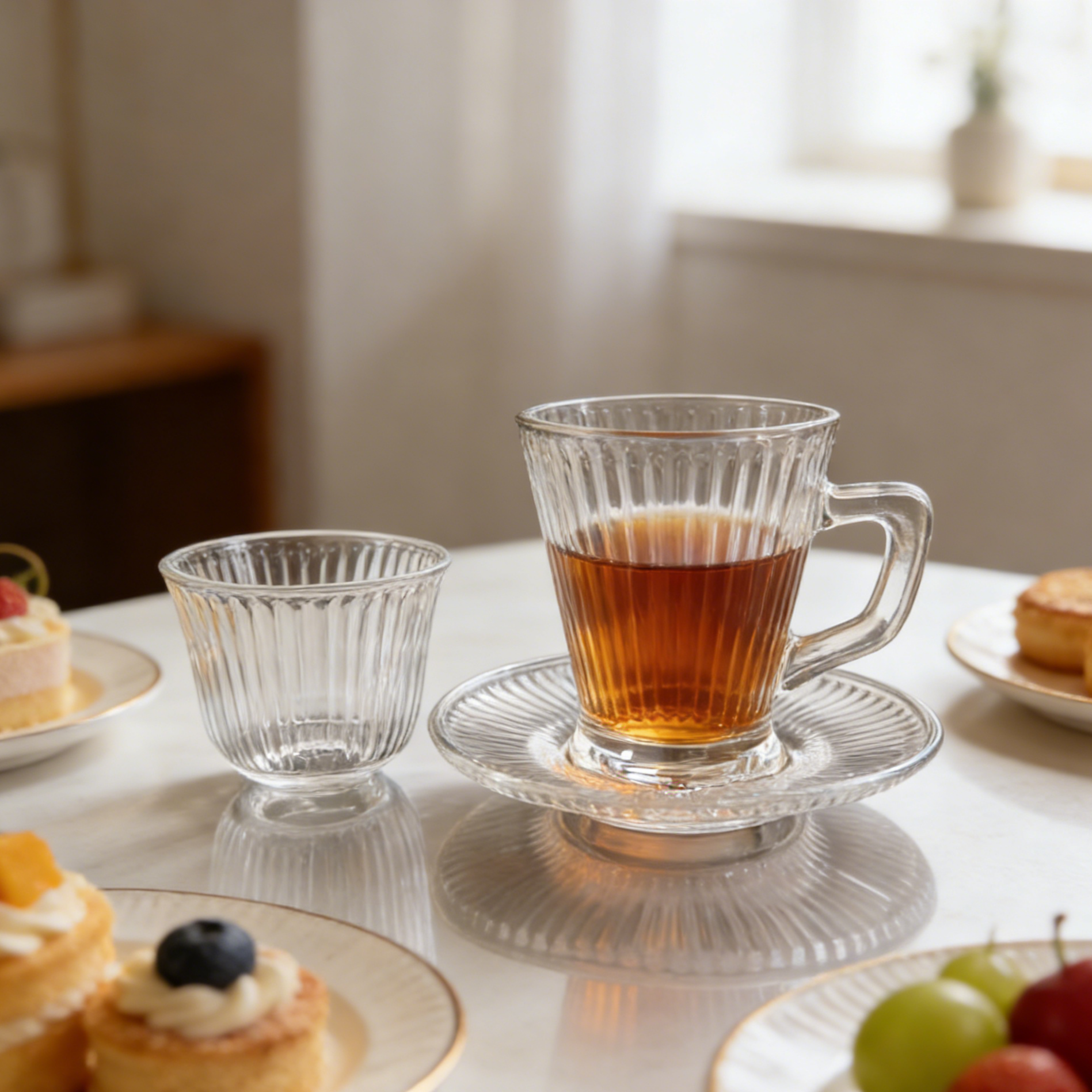 Elegant 36 Piece Glass Cup Sets Featuring Lead Free Crystal Cups Saucers and Cawa Cups Designed for Coffee Tea and Large Events