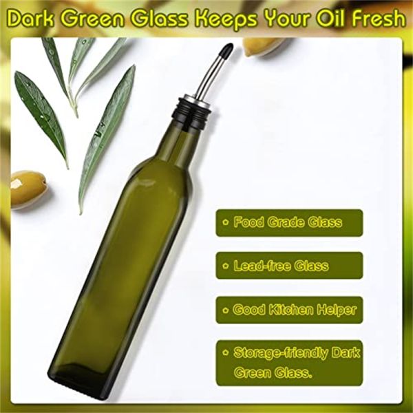 Glass Dark Green Kitchen Oil Bottle With Stainless Steel Spout Funnel Square 500ml 2pcs