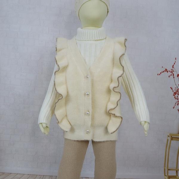 Knitting  Ruffles Patterns Children Sleeveless Sweater Wholesale Baby Girls Feather Yarn Sweater Vest