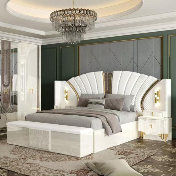 OEM en gros Blanc Royal Luxury Double lit King Size Chambre principale maison moderne cadre en bois ensemble de meubles de chambre complète