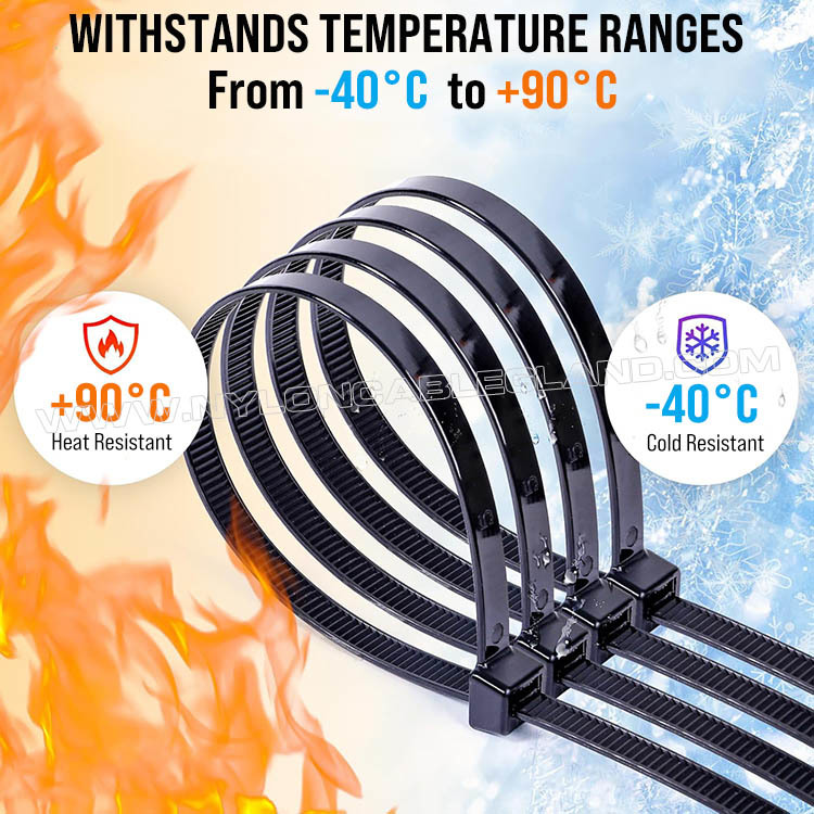 Working Temperature of Nylon 612 (Polyamide 612, PA612) Solar Cable Ties Black Nylon 612 (Polyamide 612, PA612) Cable Tie, Heavy Duty, UV & Weather Resistance, 350mm x 7.6, For Outdoor Solar Facilities