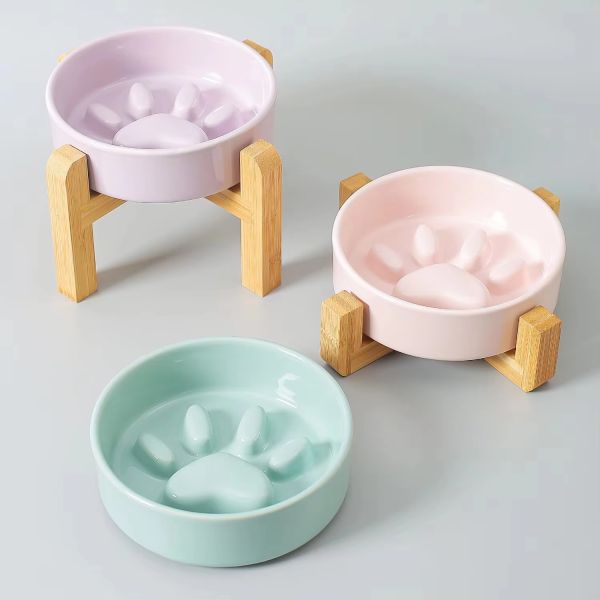 Ceramic Pet Bowl Dog Slow Feeder with Wooden Frame Applicable Pet Dogs Customize logo Color Packaging LCD Display NO