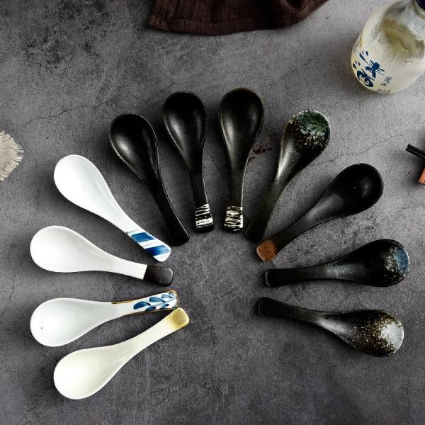 Contemporary Plain Black Ceramic Soup Spoon A Grade Porcelain Soup Spoon