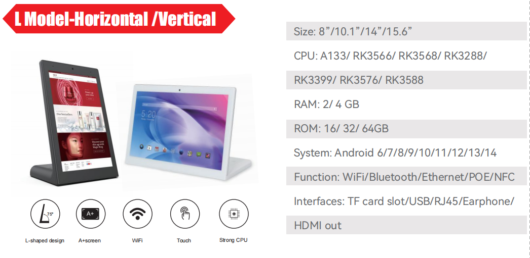 Fábrica OEM 10.1 pulgadas RK3399 Tablet de escritorio para pedidos de restaurantes Tipo L POE Tablet Android