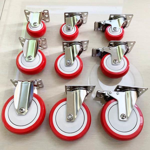 5 Inch Medium Duty Red PU Swivel Locking Stainless Steel Casters With Dust Covers