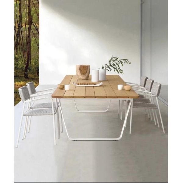 OEM Teak Wood Garden Dining Table And Alumiunm / Rattan Chair Sets For 6