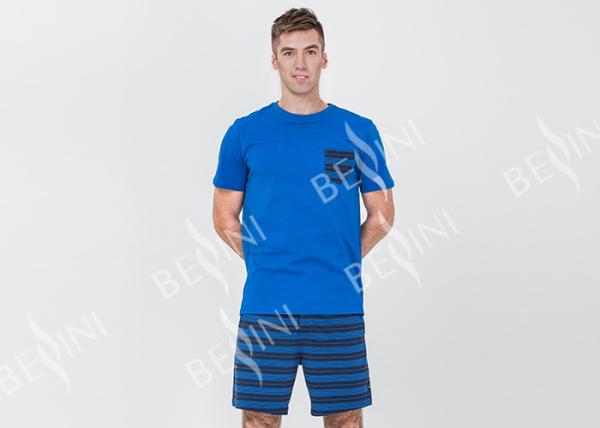 Mens Cotton Jersey Round Neck Tee and Yarn Dyed Striped Short Pants Pyjamas Set Functional Placket Side Pockets